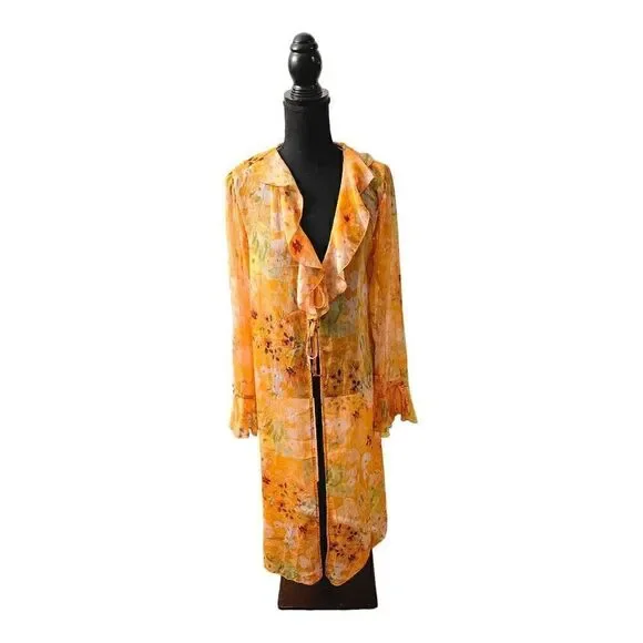 Wild Fable Ladies Orange Floral Print Sheer Long Sleeves Cover-Up Size Multiple - Picture 4 of 10